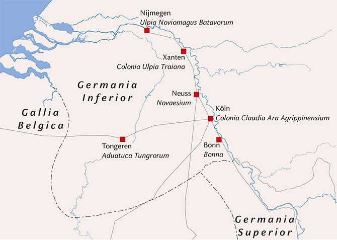 Eine Übersichtskarte zur römischen Provinz Niedergermanien. In der Karte sind die Orte Nijmegen, Xanten, Neuss, Köln, Tongeren und Bonn gekennzeichnet.