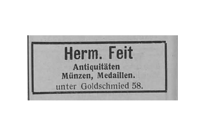 Ein schwarz-weiß Foto einer Anzeige in einem Adressbuch: "Herm. Feit. Antiquitäten Münzen, Medaillen. unter Goldschmied 58."