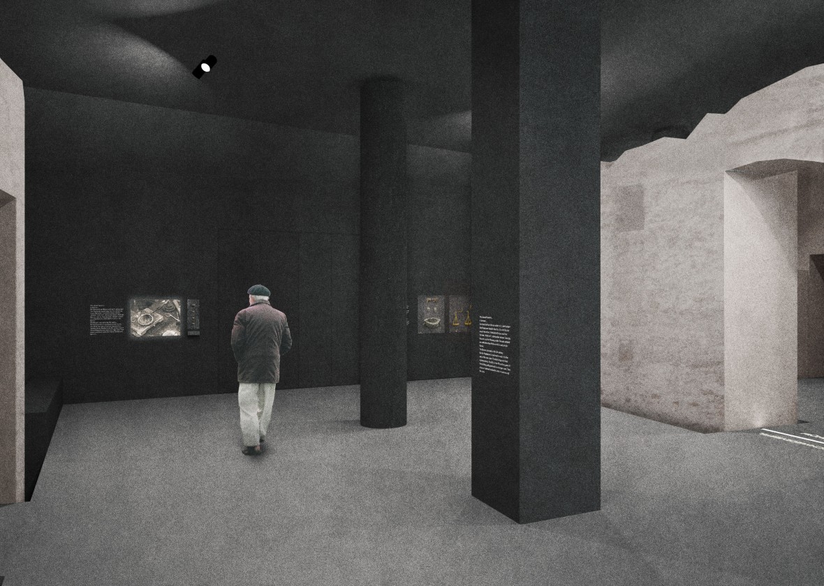 Eine Simulation durch den unterirdischen Rundgang von MiQua. Ein Mann geht durch einen Keller eines Hauses im Goldschmiedeviertel. Der Ausstellungsraum ist dunkel gehalten, die hellen Mauern stechen hervor,