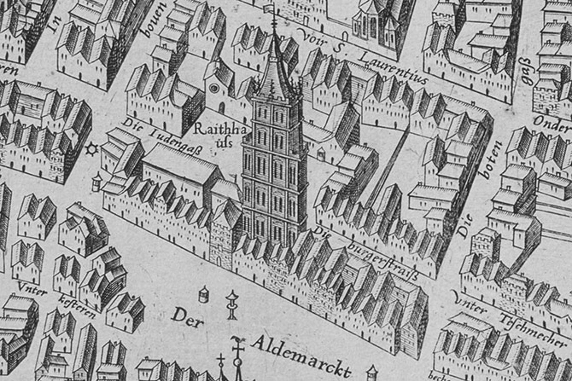 Ein Stadtplan der Stadt Köln aus dem Jahr 1571 zeigt den Rathausplatz, den Alter Markt, die Judengasse und die dicht besiedelten Nebenstraßen des Kölner Rathauses.