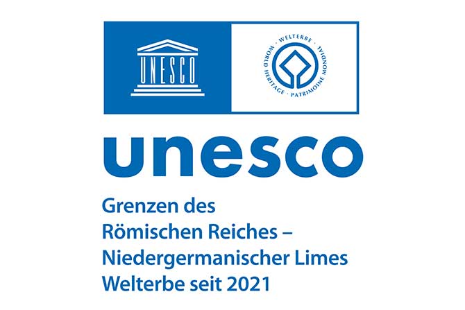 Das Logo für Unesco-Welterbe Niedergermanischer Limes in weiß und blau