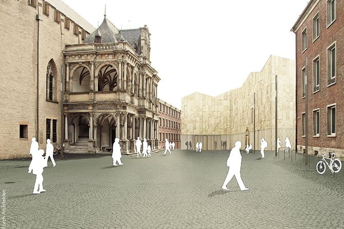 Architekturzeichnung von MiQua mit Perspektive des Rathausplatz. Im Hintergrund ist eine digitale Zeichnung des zukünftigen Museumsbau zu erkennen. Auf dem Vorplatz sind Menschen eingezeichnet. Links im Bild das Rathaus in Köln.