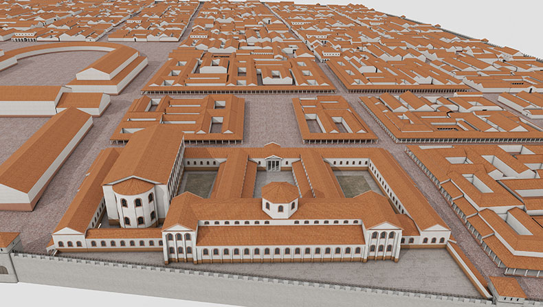 Die Grafik zeigt eine digitale Rekonstruktion des Praetoriums in der Bauphase 4. Das Praetorium wird aus der Vogelperspektive präsentiert, sodass die orangenen Dächer und die weißen Mauern des Praetorium erkennbar sind.