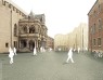 Weiße Silhouetten von Menschen gehen über einen Platz. Im Hintergrund das neue Museum MiQua