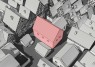 Schwarz-weiß-Zeichnung von vielen Fachwerkhäusern aus der Luft. In der Mitte steht ein rotes Haus. Das ist die mittelalterliche jüdische Synagoge