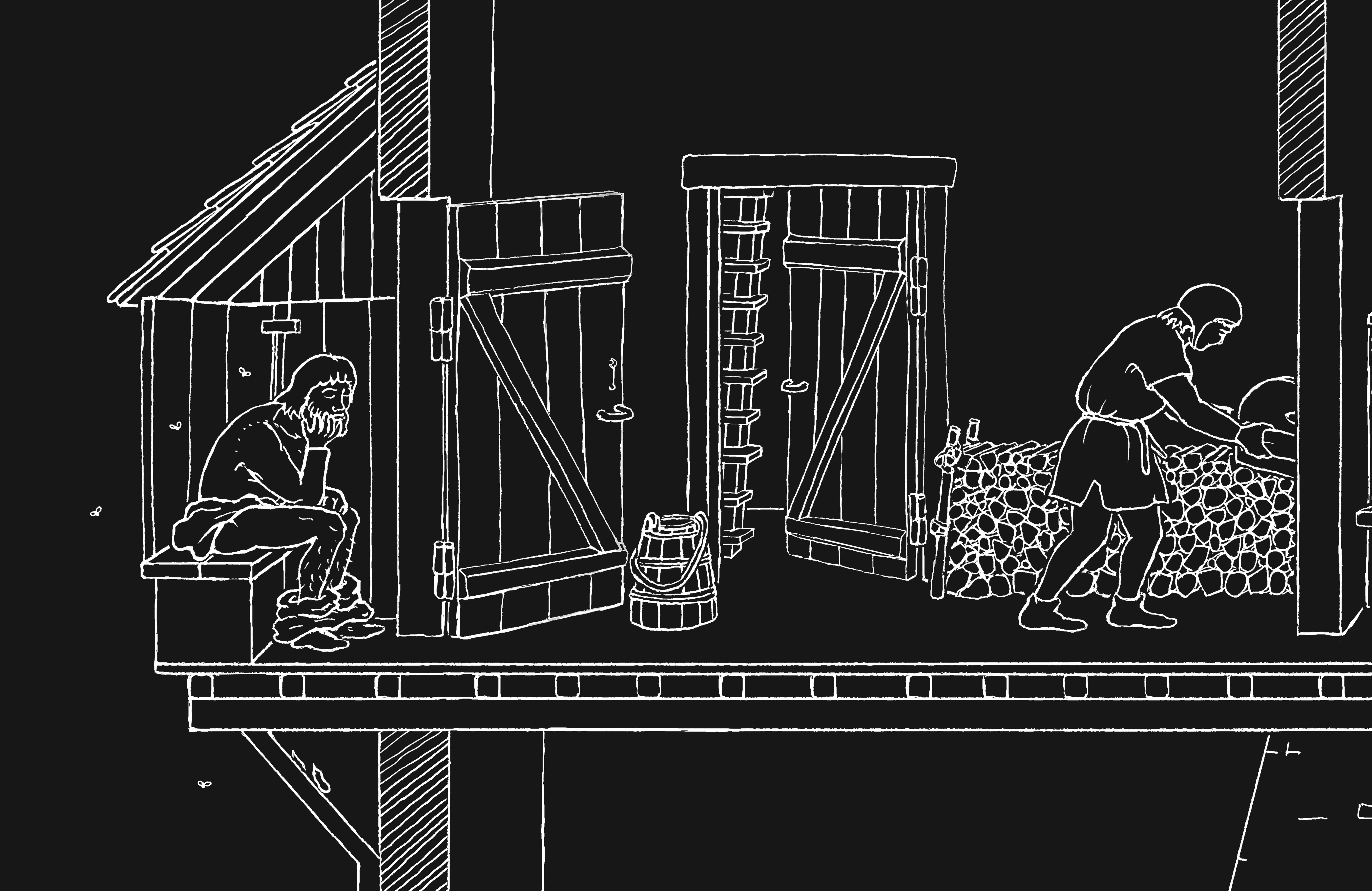 Eine weiße Zeichnung auf schwarzem Untergrund. Ein mittelalterliches Haus wo ein Mann auf einer Toilette sitzt.