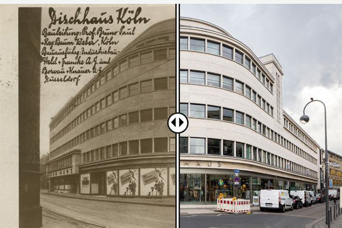 Das Disch Haus wird durch zwei Fotografien präsentiert, die beide in der Mitte abgeschnitten sind und zusammengesetzt wurden. Die Fotografie und linke Haushälfte des Disch Hauses zeigt das Gebäude um 1930 in gelblich-bräunlicher Sepia Fotografie. Die Fotografie links und rechte Haushälfte zeigt das Disch Haus heute und in Farbe. 