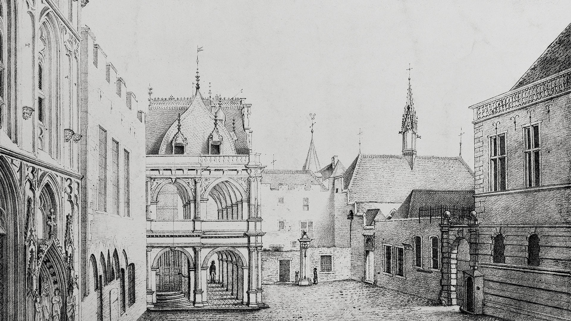 Schwarz-weiß Druck der historischen Rathaus-Laube in Köln im Jahr 1827.