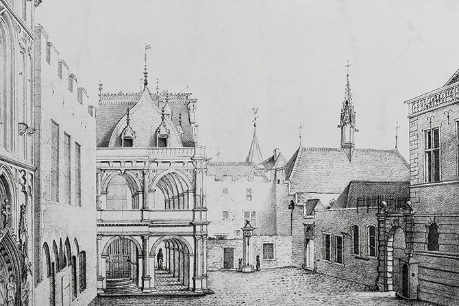 Schwarz-weiß Druck der historischen Rathaus-Laube in Köln im Jahr 1827.