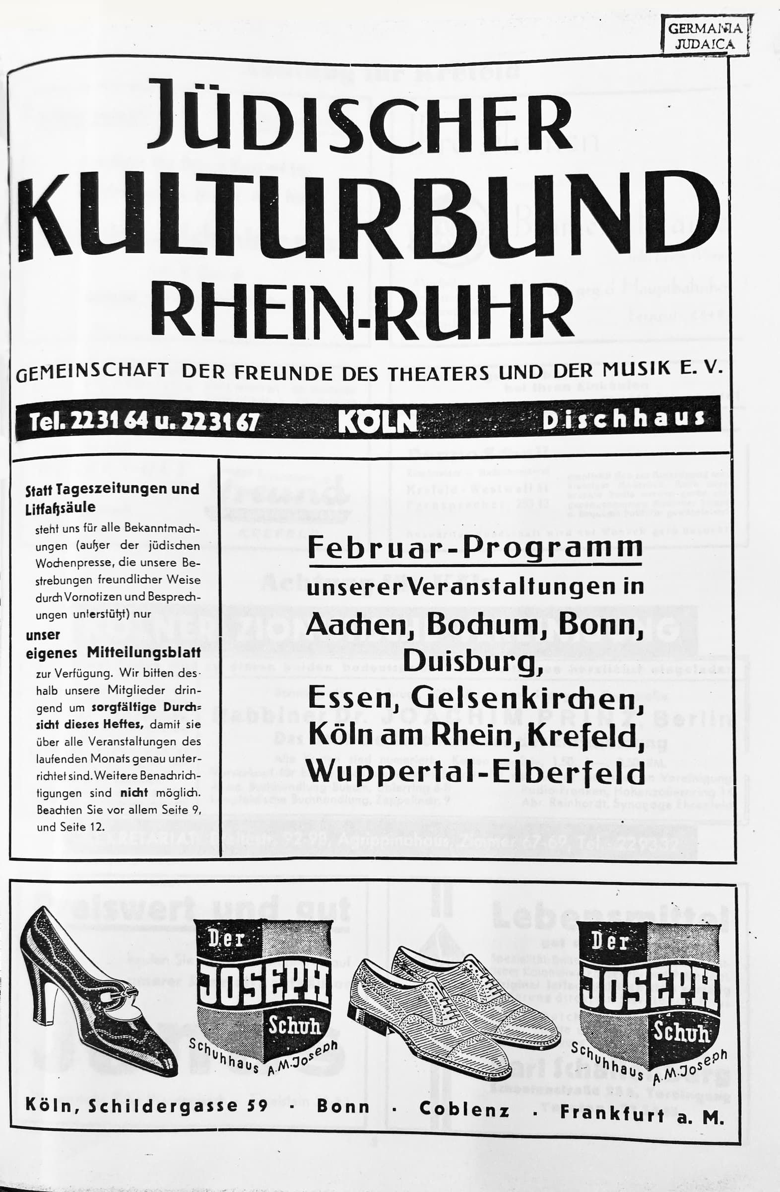 Cover of the program booklet from February 1934 of the Jewish Cultural Association Rhine-Ruhr. Text excerpt "February program of our events in Aachen, Bochum, Duisburg, Essen, Cologne on the Rhine, Krefeld, Wuppertal-Elberfeld"