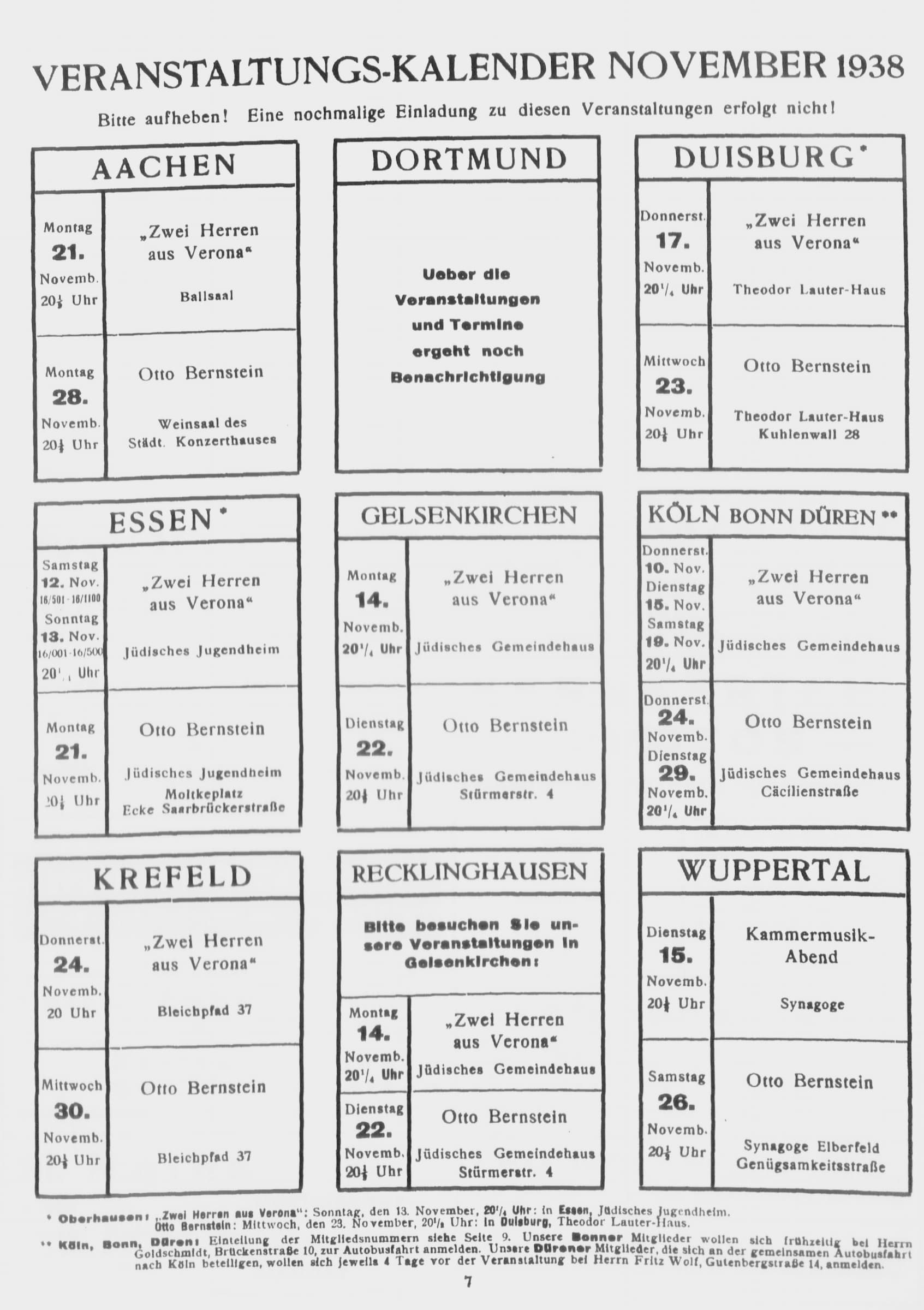 Events in the November 1938 edition of the program sheet. 
