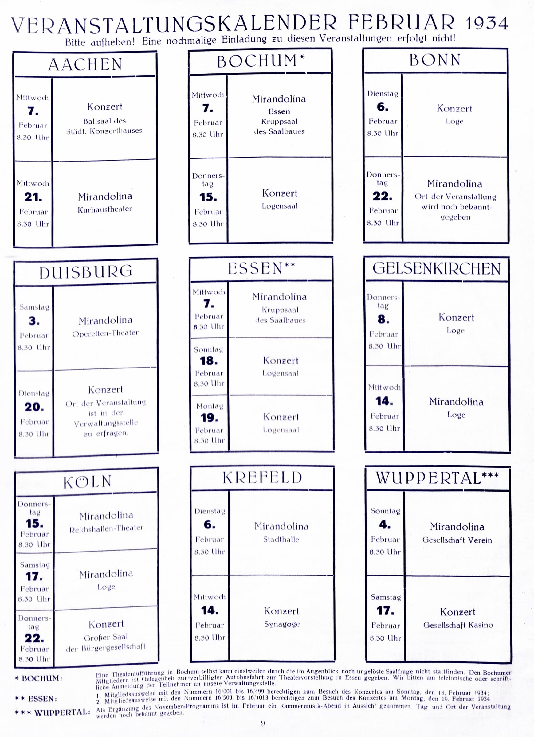 All events offered by the Rhine-Ruhr Jewish Cultural Association in February 1934. Plays, concerts and readings were yet taking place in all kinds of performance venues.
