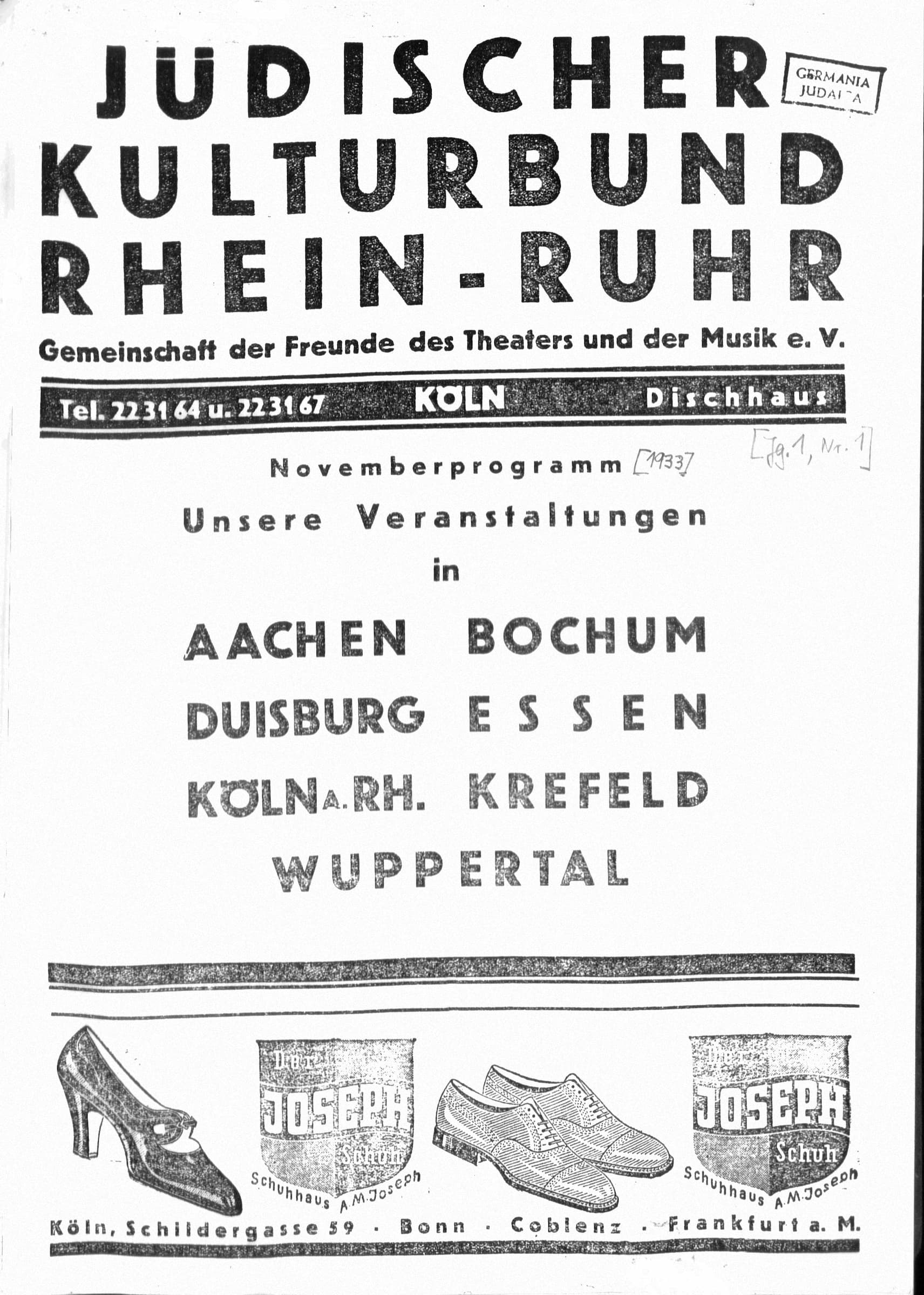 Jüd. Kulturbund Cover erste Ausgabe, s/w "Veranstaltungen in Aachen, Bochum, Duisburg, Essen, Köln a.Rh, Krefeld, Wuppertal"
