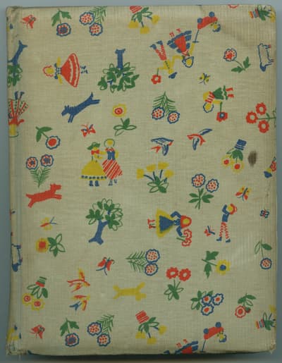 Cover of a children's poetry album, colors are cream background, red, blue, green, yellow and symbols of people and plants