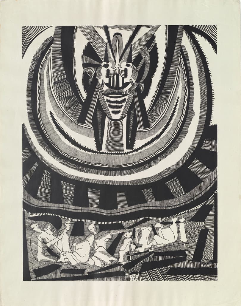 Die Zeichen, Druckgrafik von Otto Freundlich, abstrakt in schwarz und weiß