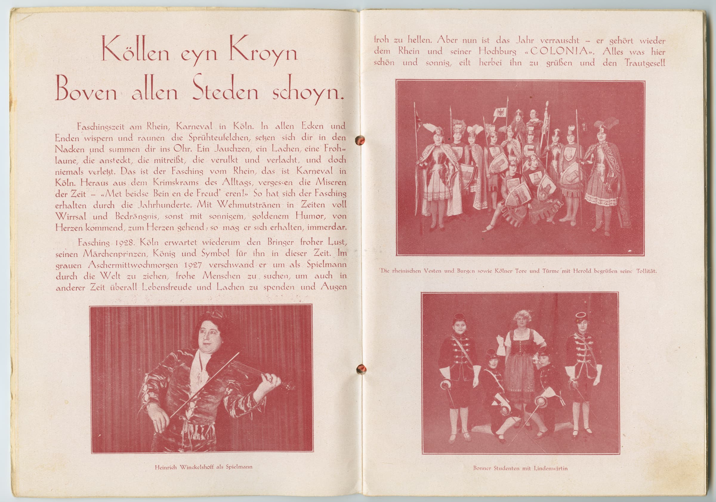 Aufgeschlagenes Heft mit gelblichen Blättern, darauf links Text und ein Foto von einer Person mit Geige und rechts 2 Fotos von Karnevalisten in Rot gedruckt