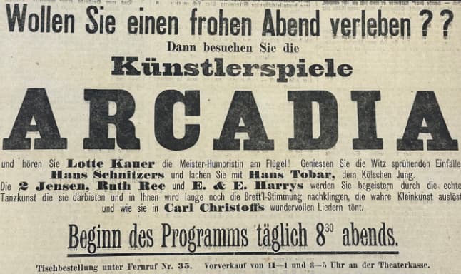 Werbeanzeige aus Zeitung, Auftritt Hans Tobar 1921