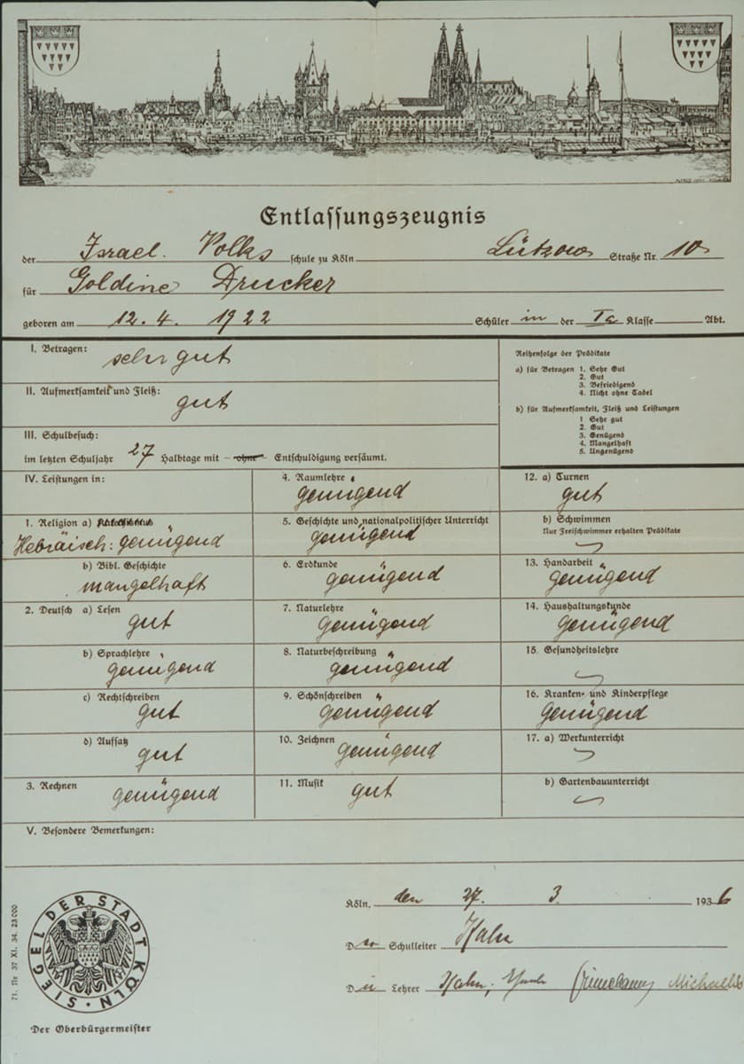 Certificate of graduation from the elementary school Lützowstraße for Goldie Lefkowitz, text on paper, stamp and graphics of the city of Cologne, signed by the mayor 