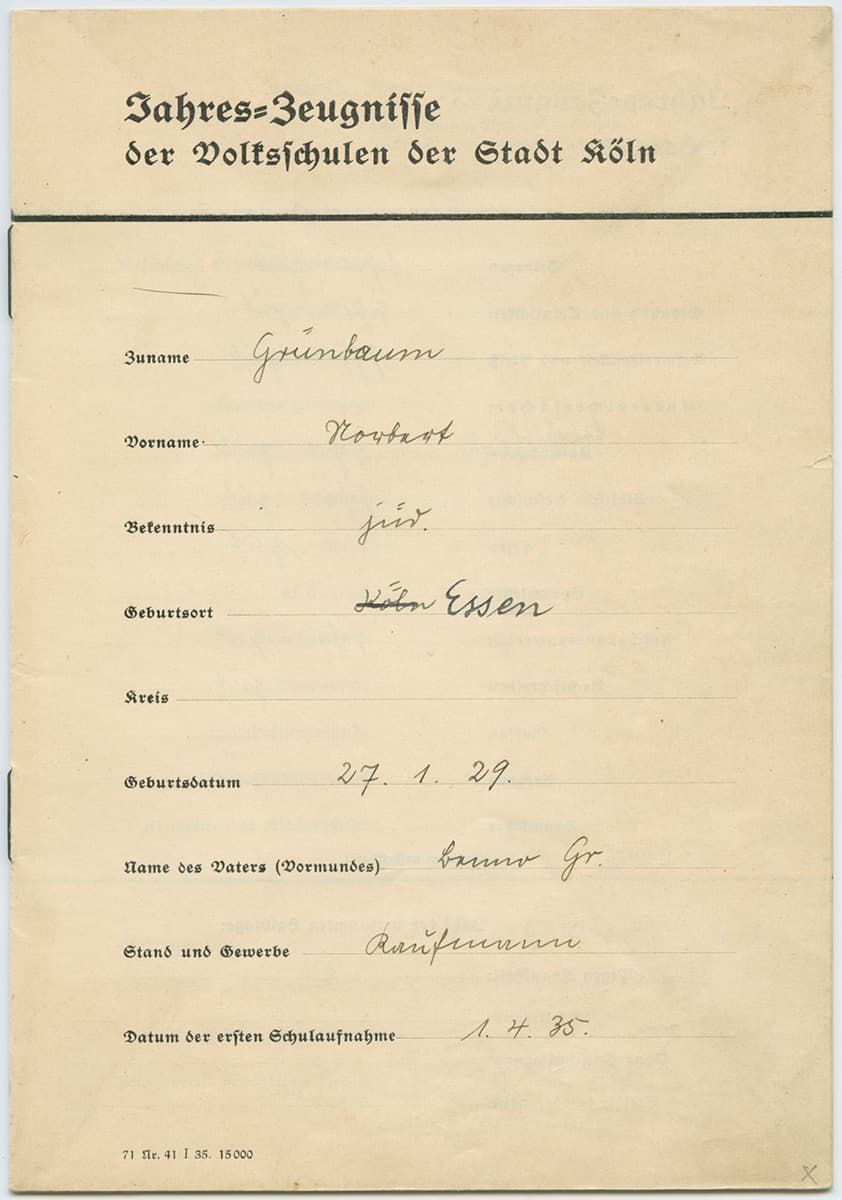 Seite 3 des Jahreszeugnishefts, gelbliches Papier, gebrochene Schrift, Name des Schülers