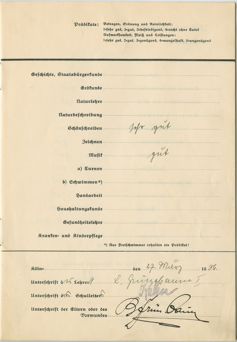 Seite 5 des Jahreszeugnishefts, gelbliches Papier, gebrochene Schrift, Name des Schülers