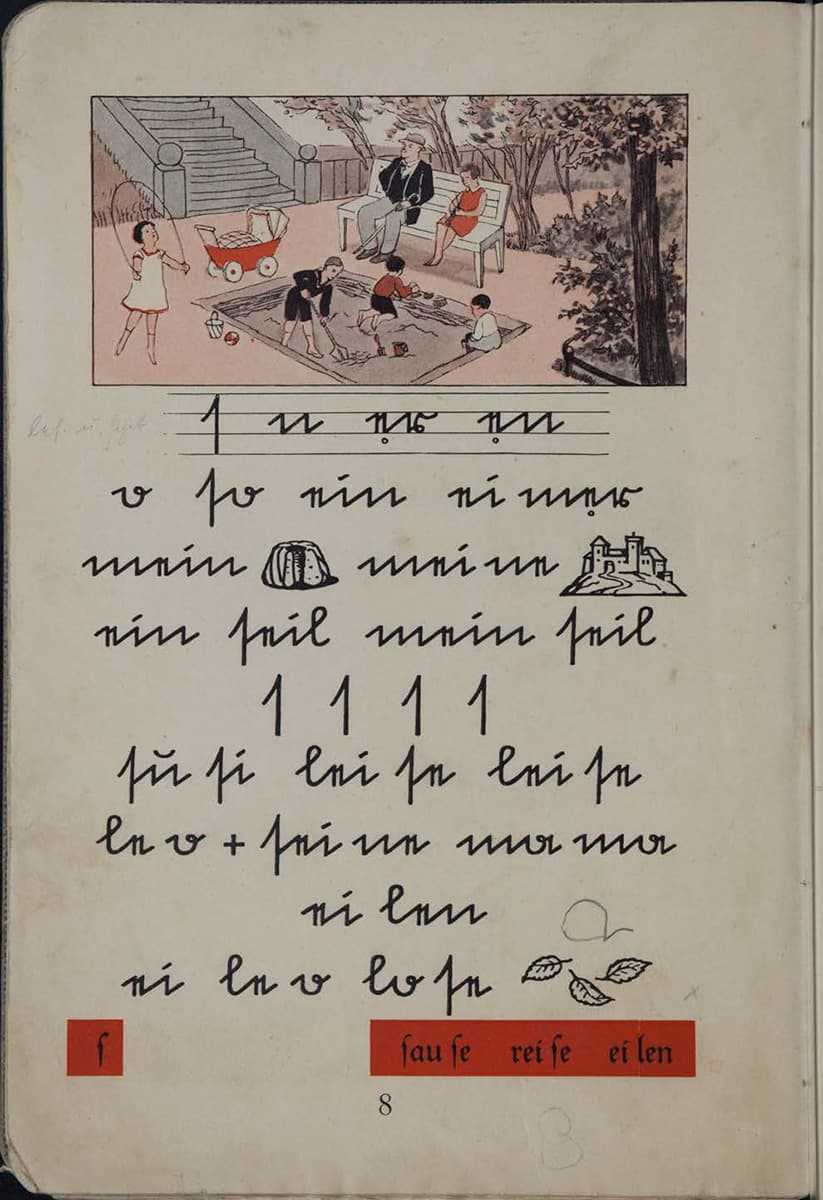 The page features a colorful illustration of a playground at the top, showing a couple sitting on a bench watching their four children play in the sandbox and jump rope. Below is a handwritten text. It helps children learn to write, especially certain letters.