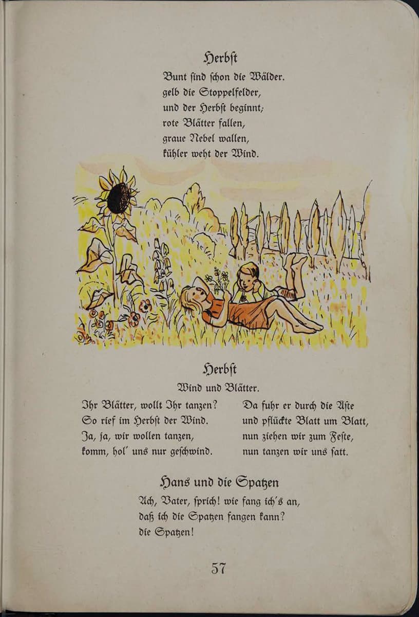 This page is titled "Autumn." It depicts an autumnal landscape with colorful leaves, sunflowers, and dry fields. Two children lie in the grass, enjoying the breeze and observing the nature around them.  Below is a poem. It describes the beginning of autumn with colorful forests, yellow stubble fields, and falling leaves. Fog rolls in, and the wind blows cooler. In another poem, the wind speaks to the leaves, inviting them to dance, and then whirls them through the air. Finally, there is a short verse about Hans asking his father how he can catch sparrows.