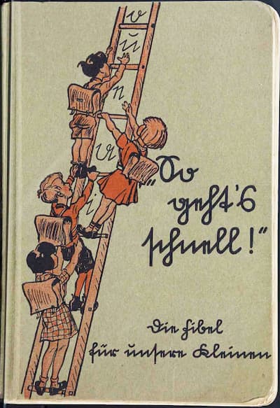 Cover der Fibel, Aufschrift "So gehts schnell", Zeichnung von Kindern, die eine Leiter hochklettern