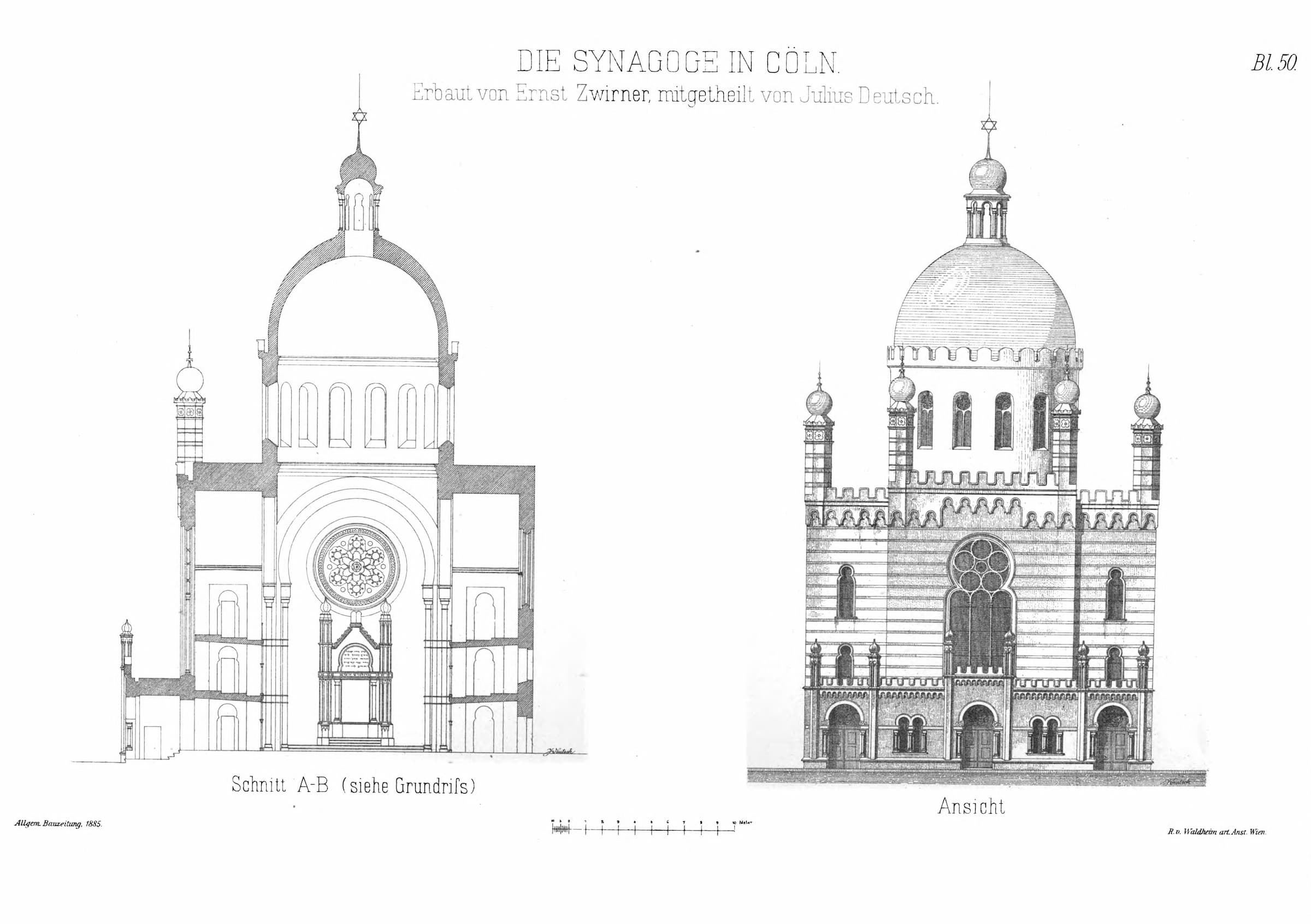 Architektonische Zeichnung der Synagoge in Köln, zeigt verschiedene Ansichten und Details des Gebäudes mit genauen Maßen.