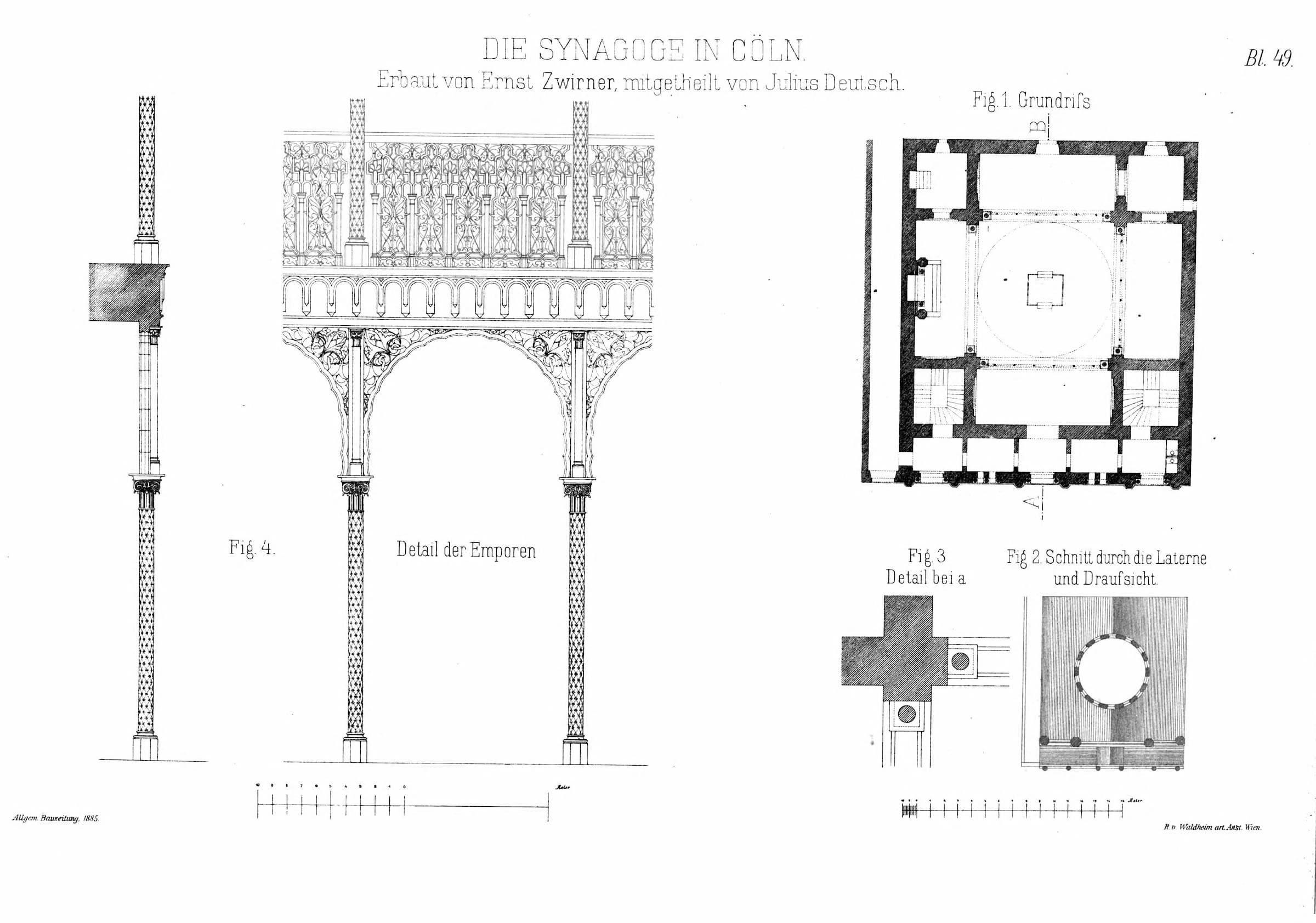  Architectural drawing of the synagogue in Cologne, showing various views and details of the building with exact dimensions.