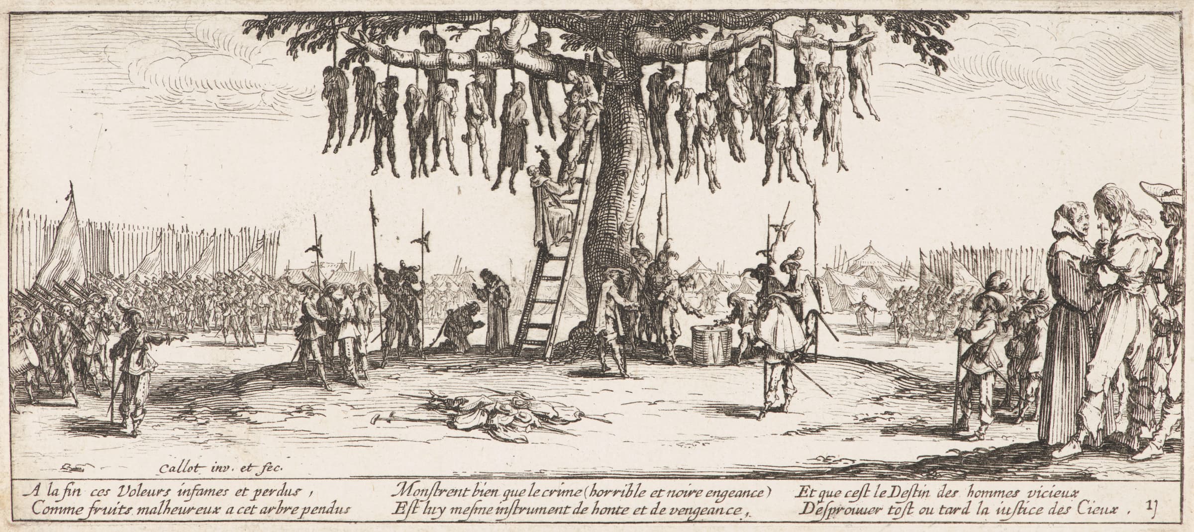 Im Vordergrund steht ein Baum, an dem Menschen an Sticken hängen. Ein Mann klettert an einer Leiter den Baum rauf und hält ein Kreuz nach oben. Links und Rechts im Hintergrund stehen viele Menschen mit Waffen und Lanzen. Außerdem sind Schutzwälle aus vermutlich Holz zu erkennen. Am unteren Rand des Bildes befindet sich ein Text in französischer Sprache