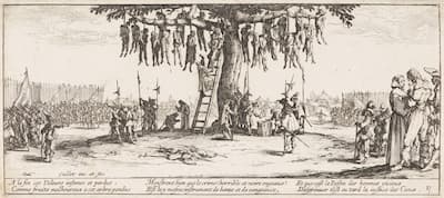 Im Vordergrund steht ein Baum, an dem Menschen an Sticken hängen. Ein Mann klettert an einer Leiter den Baum rauf und hält ein Kreuz nach oben. Links und Rechts im Hintergrund stehen viele Menschen mit Waffen und Lanzen. Außerdem sind Schutzwälle aus vermutlich Holz zu erkennen. Am unteren Rand des Bildes befindet sich ein Text in französischer Sprache